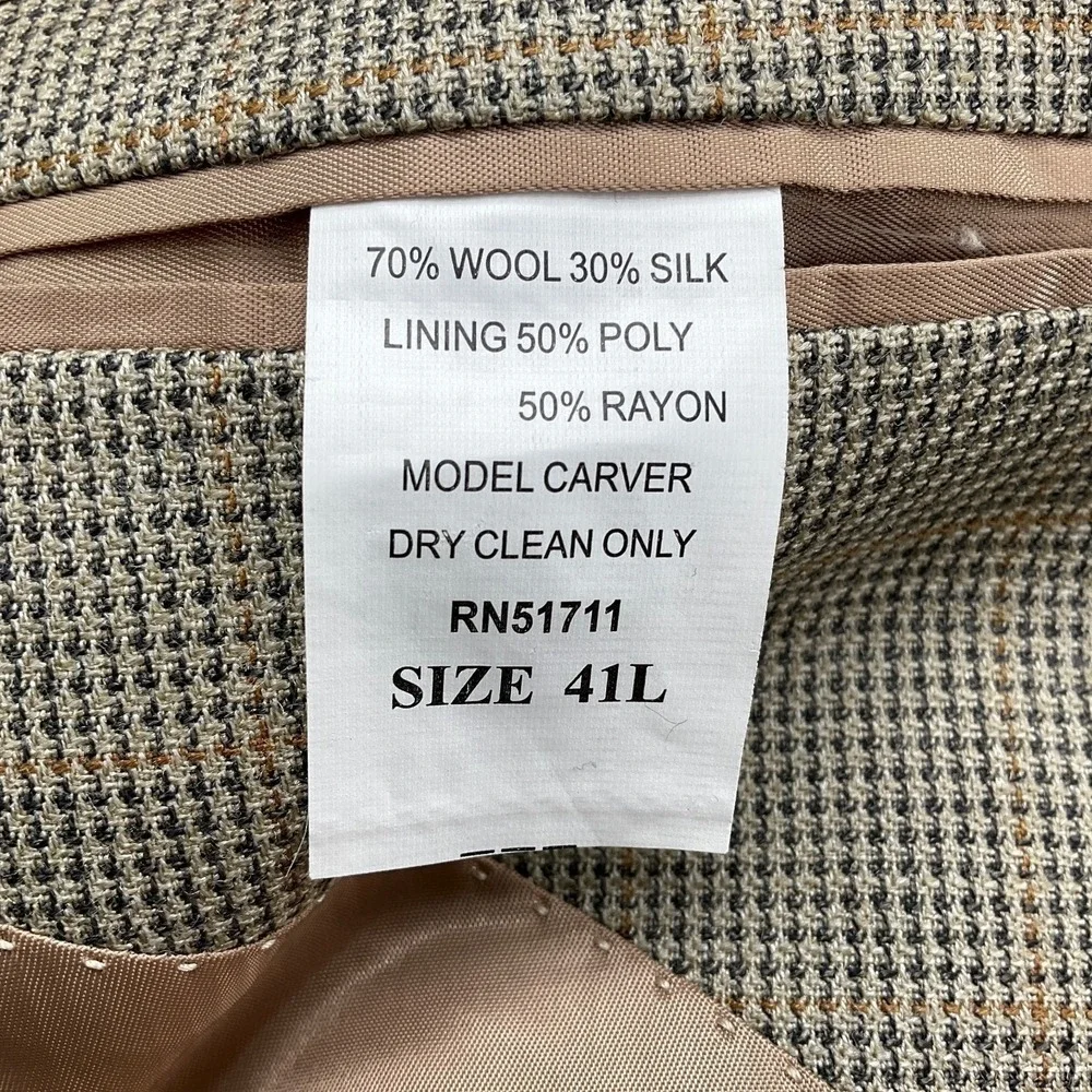 Andrew Fezza Blazer Men 41 Long Tan Gray Glen Plaid Gold Silk Wool Classic